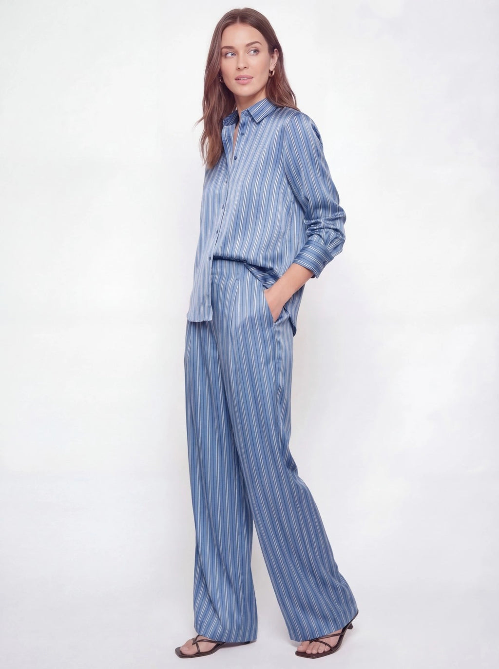 Pleated Satin Striped Shirt Pant Set