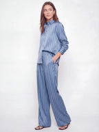 Pleated Satin Striped Shirt Pant Set