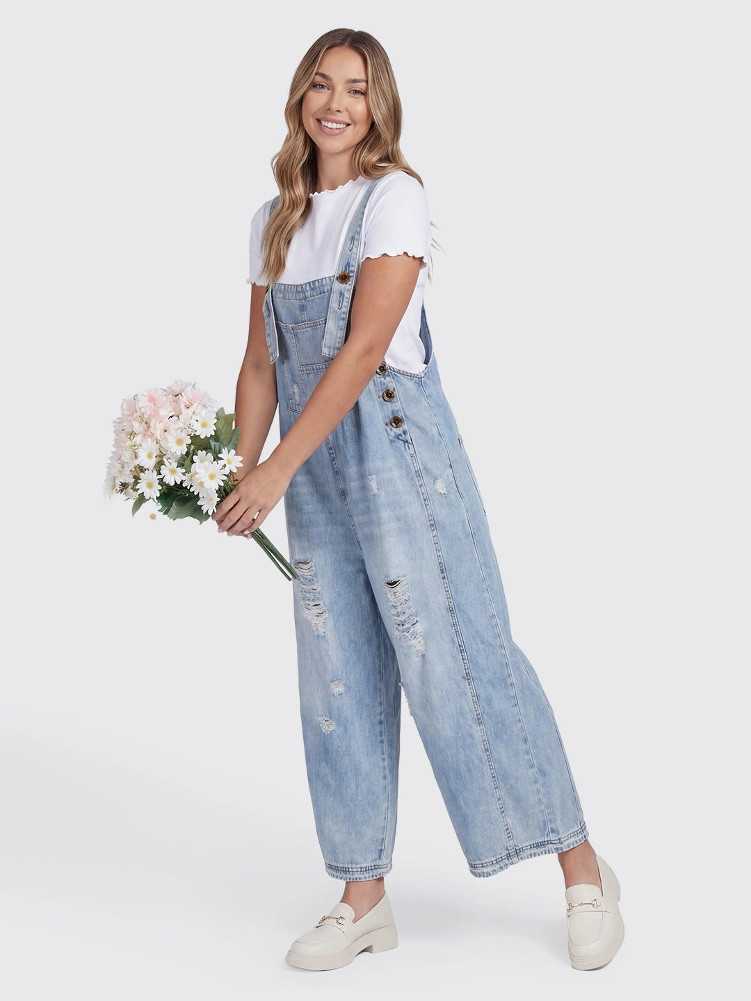 Distressed Loose Fit Denim Bib Overalls Secondary image