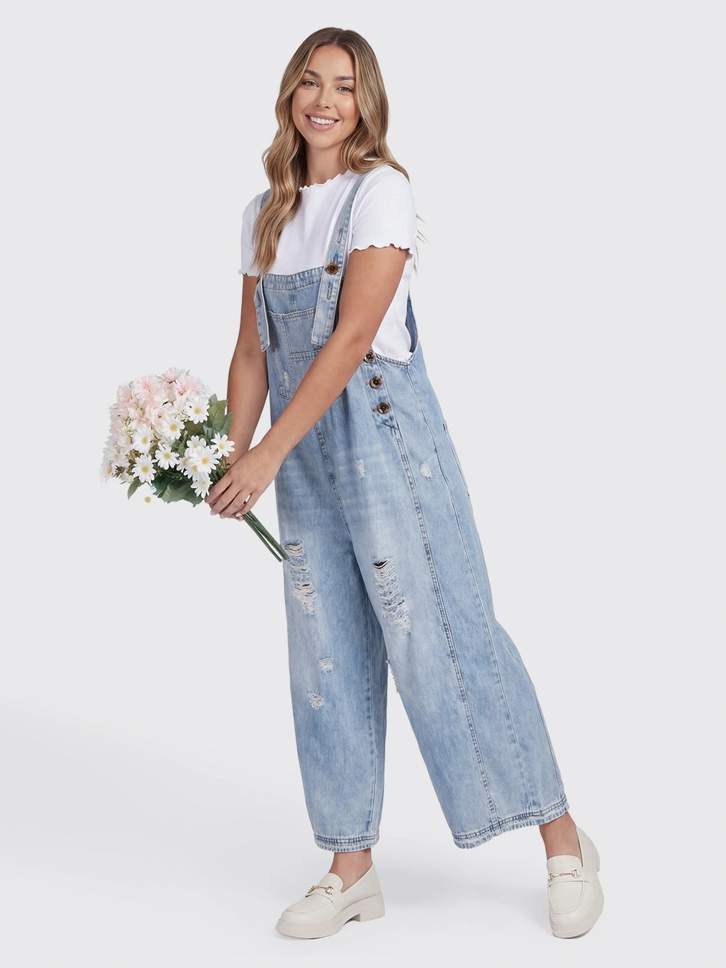 Distressed Loose Fit Denim Bib Overalls