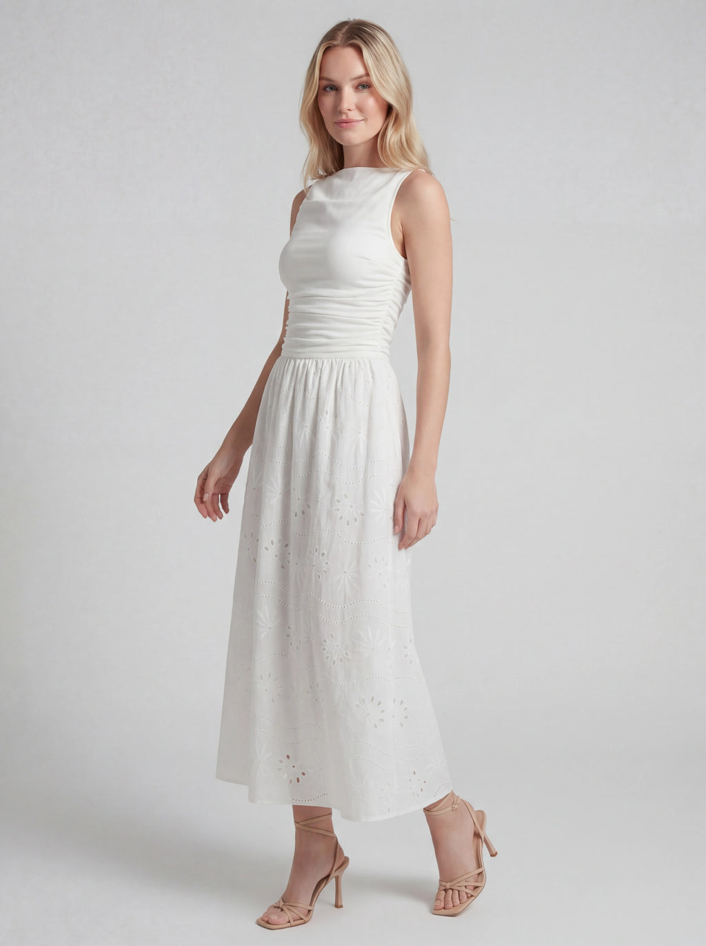 Boat Neck Eyelet A-Line Maxi Dress