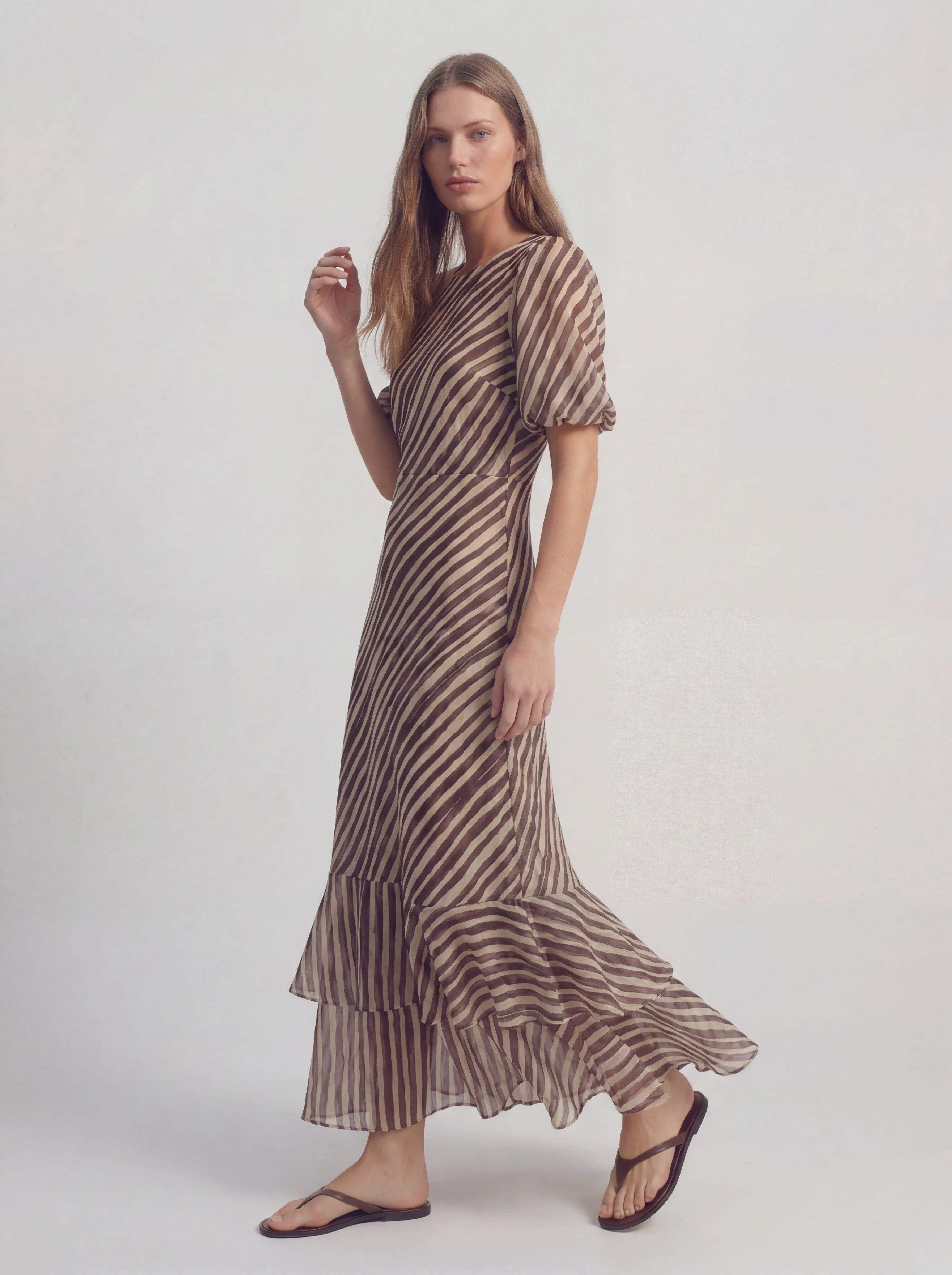Stripe Ruffle Tiered Chiffon Maxi Dress
