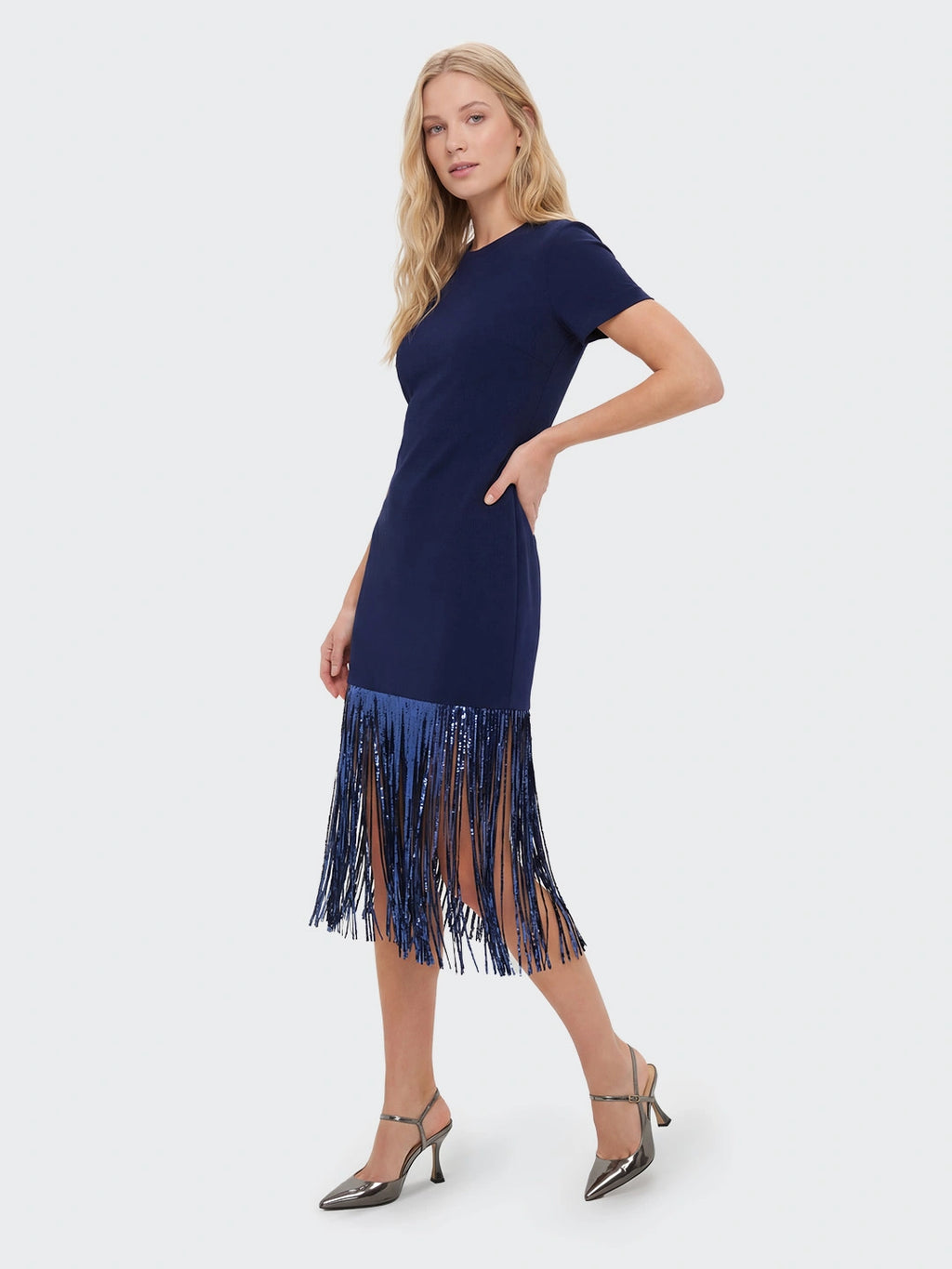 Sequin Fringe Short Sleeve Midi Dress