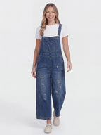Distressed Loose Fit Denim Bib Overalls