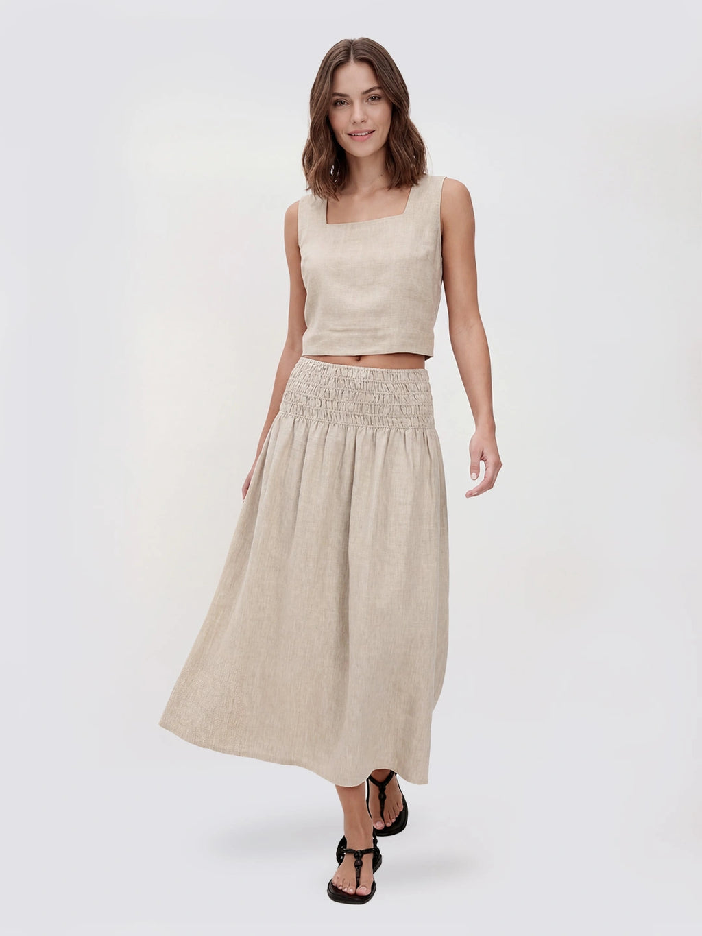 Smocked Waist Linen Midi Skirt