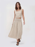Smocked Waist Linen Midi Skirt