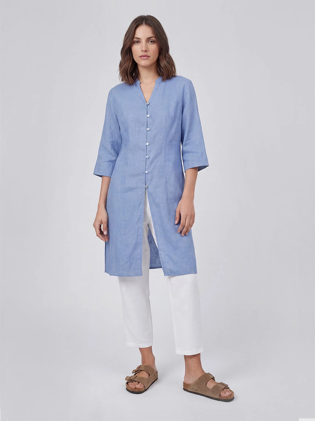 Button Front Long Linen Tunic Top