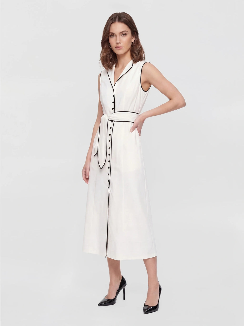 Tie Neck Contrast Piping Linen Dress