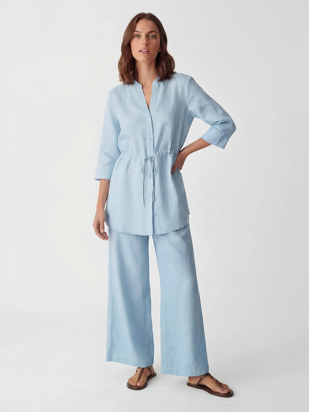 Drawstring Waist Linen Wide Pant Set