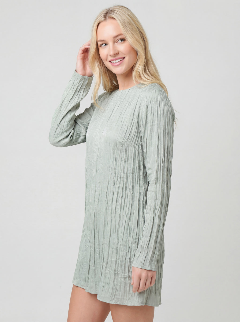 Pleated Long Sleeve Relaxed Straight Mini Dress