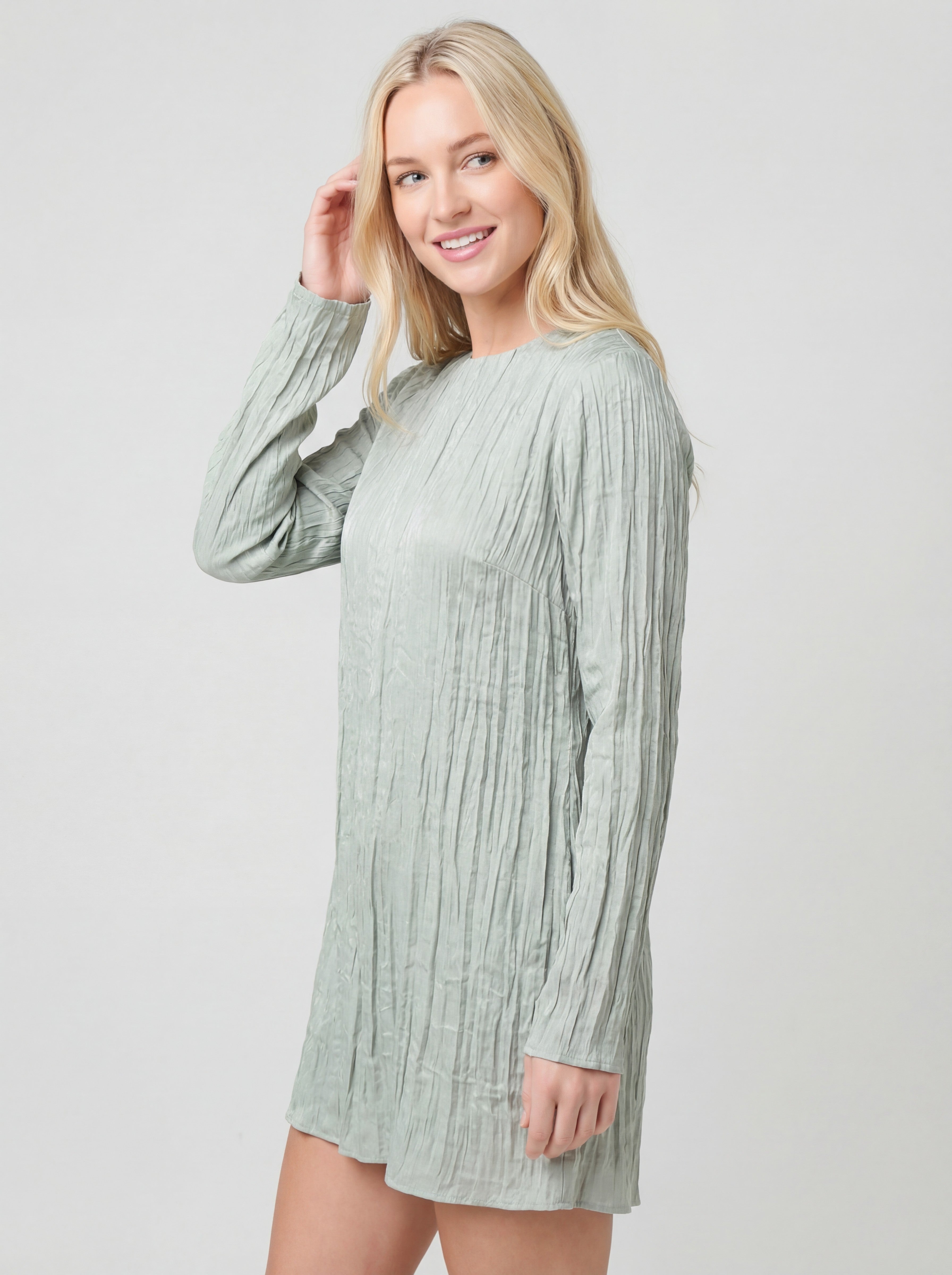 Pleated Long Sleeve Relaxed Straight Mini Dress