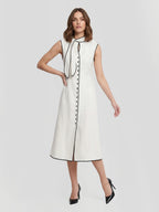 Tie Neck Contrast Piping Linen Dress