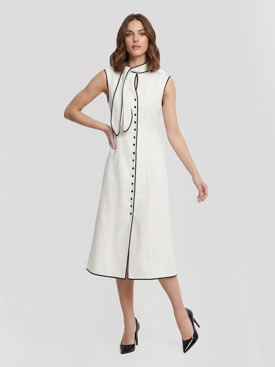 Tie Neck Contrast Piping Linen Dress