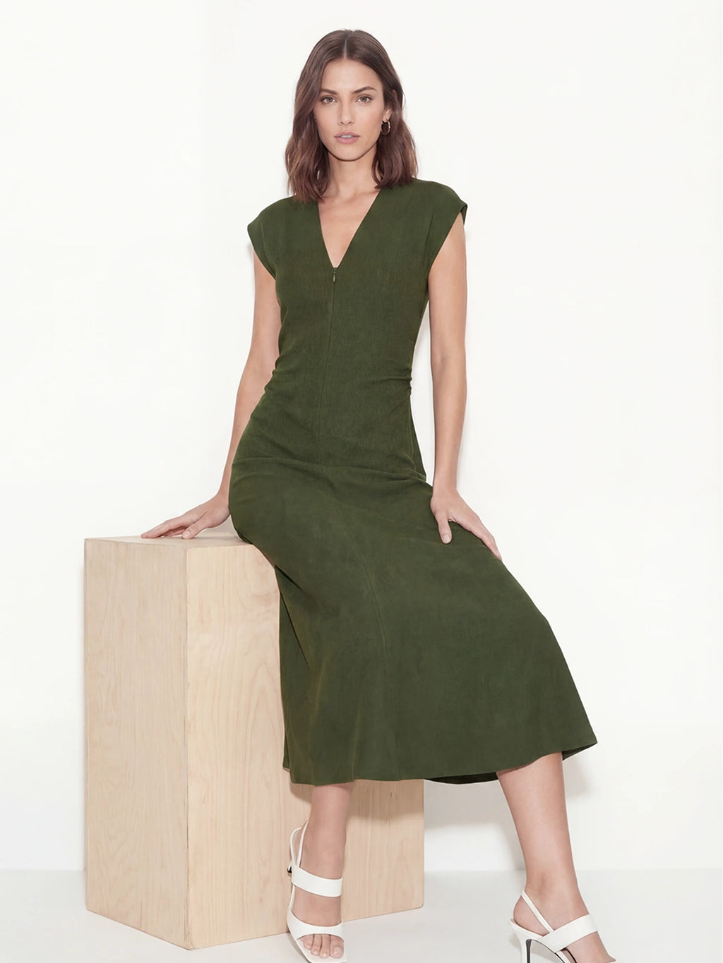 Ruched V-Neck Midi Drape Dress