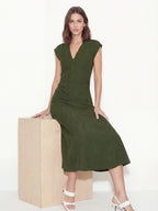 Ruched V-Neck Midi Drape Dress