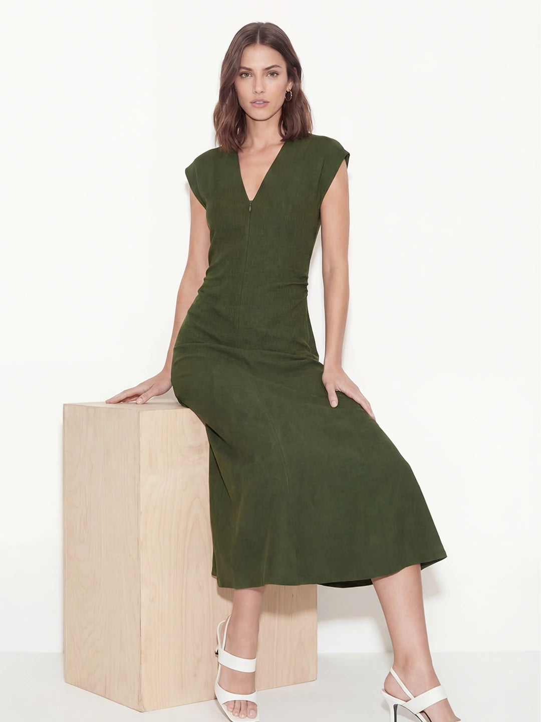 Ruched V-Neck Midi Drape Dress
