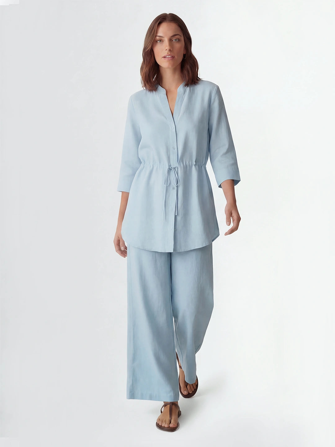 Drawstring Waist Linen Wide Pant Set