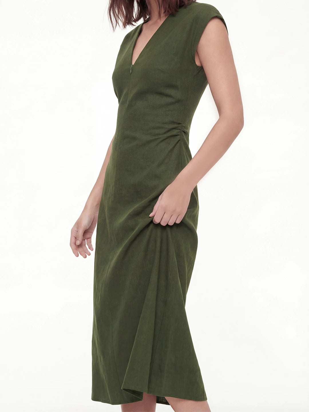 Ruched V-Neck Midi Drape Dress