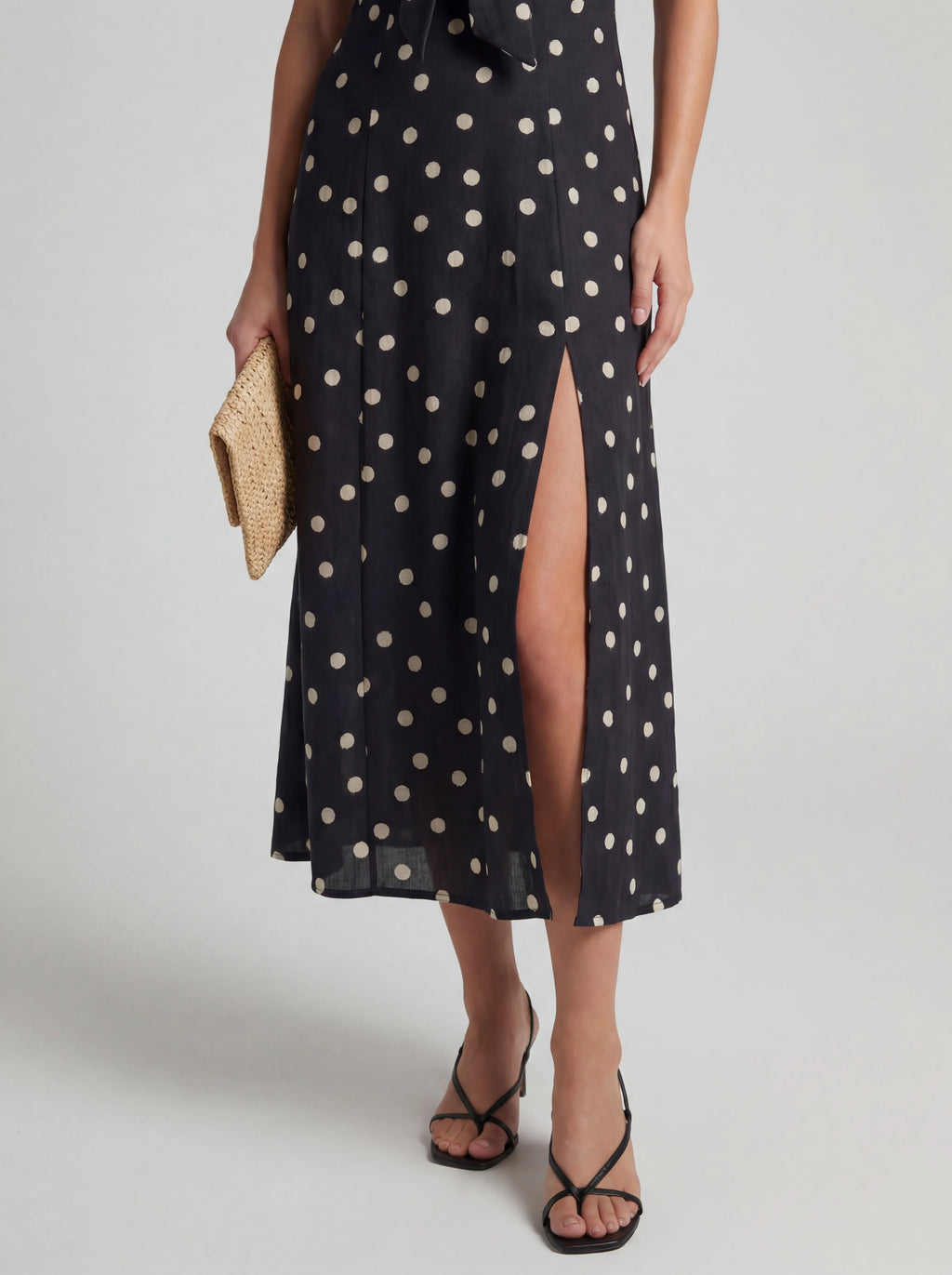 Strapless Polka Dot Ruffle Midi Dress