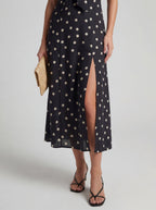 Strapless Polka Dot Ruffle Midi Dress