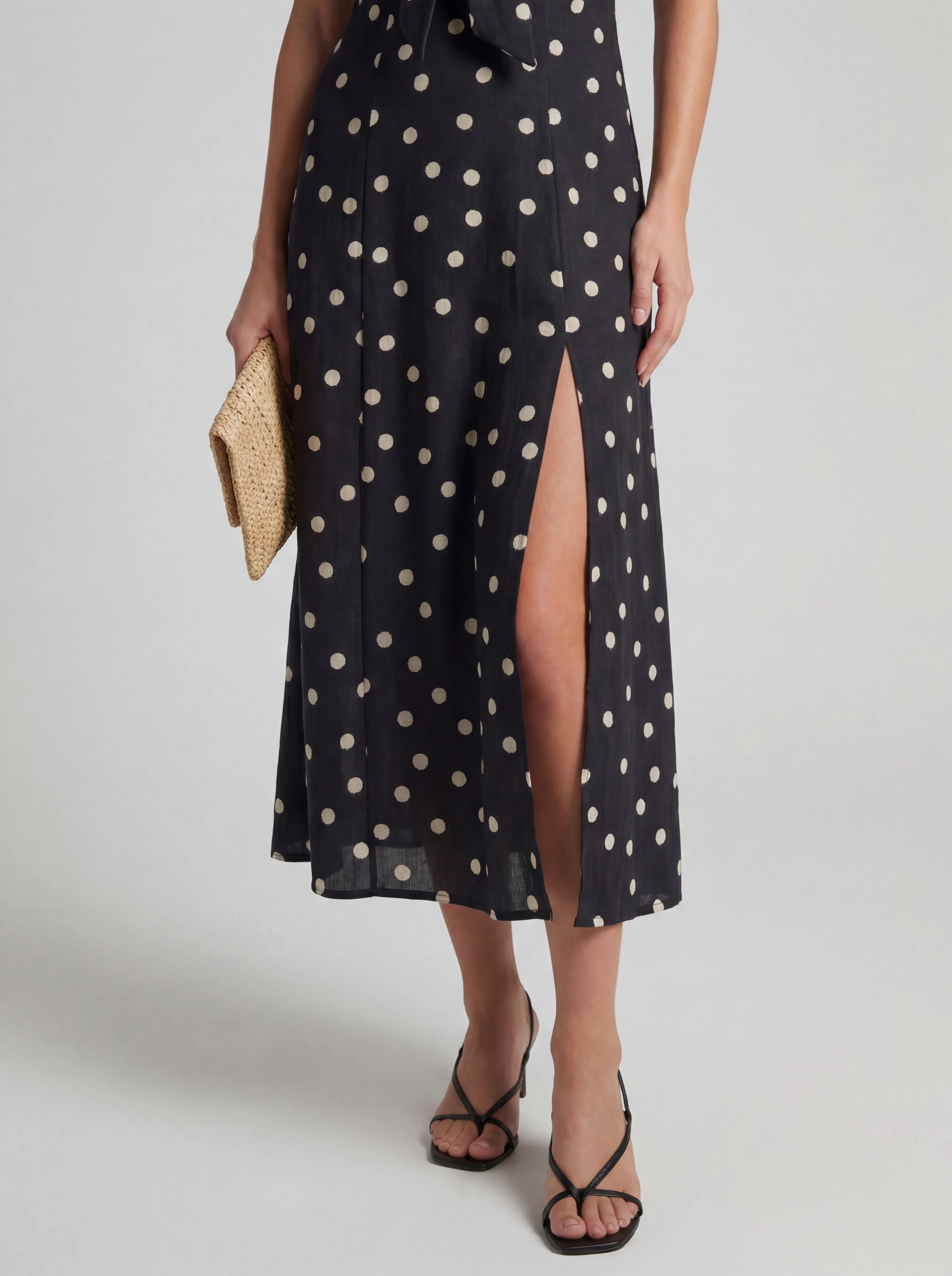 Strapless Polka Dot Ruffle Midi Dress