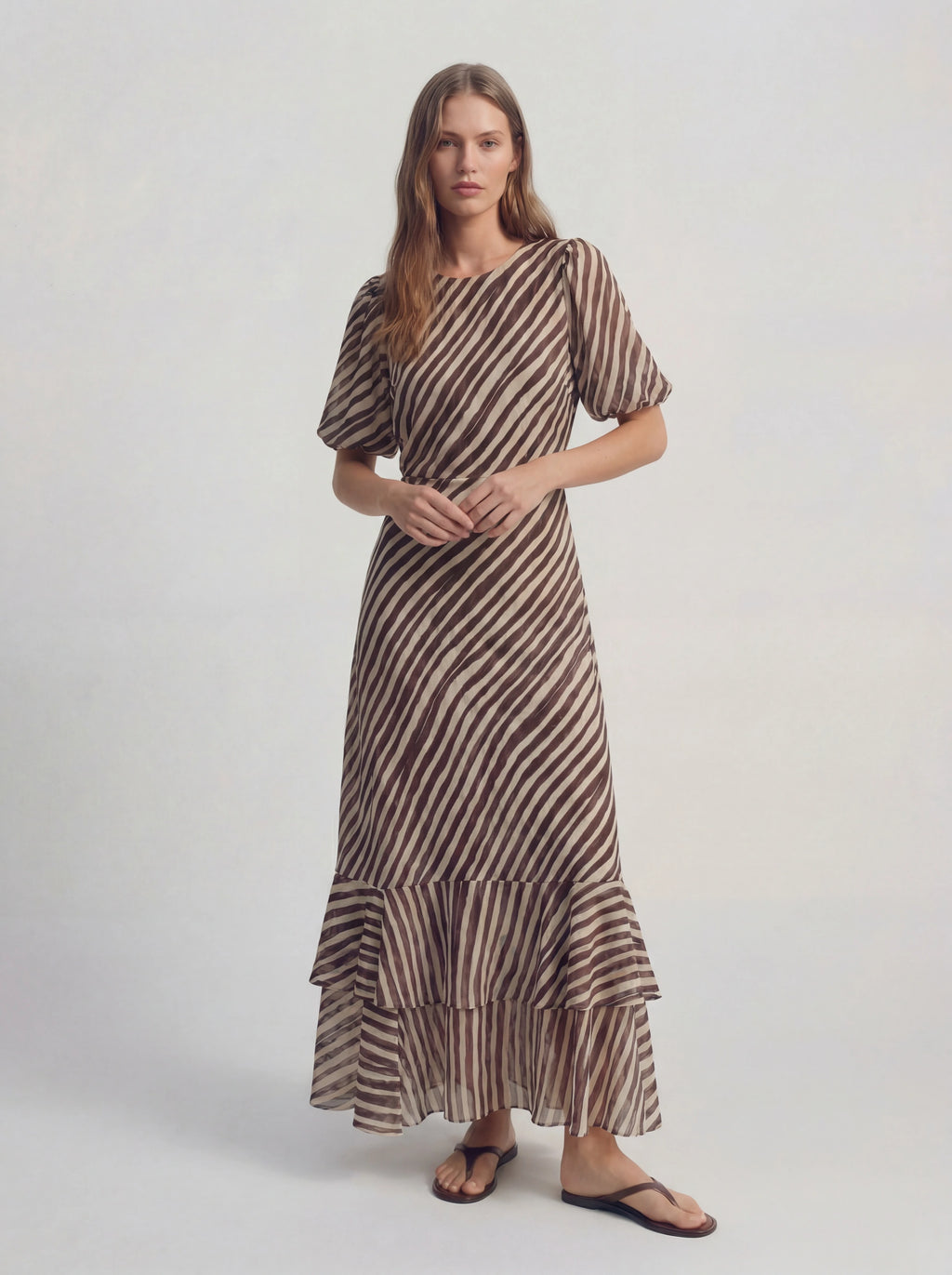 Stripe Ruffle Tiered Chiffon Maxi Dress