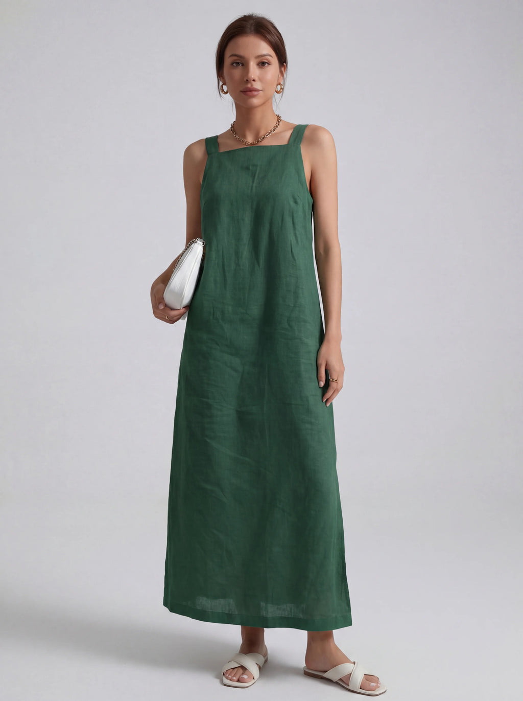 Effortless Linen Square Neck Midi Dress With Side Slit