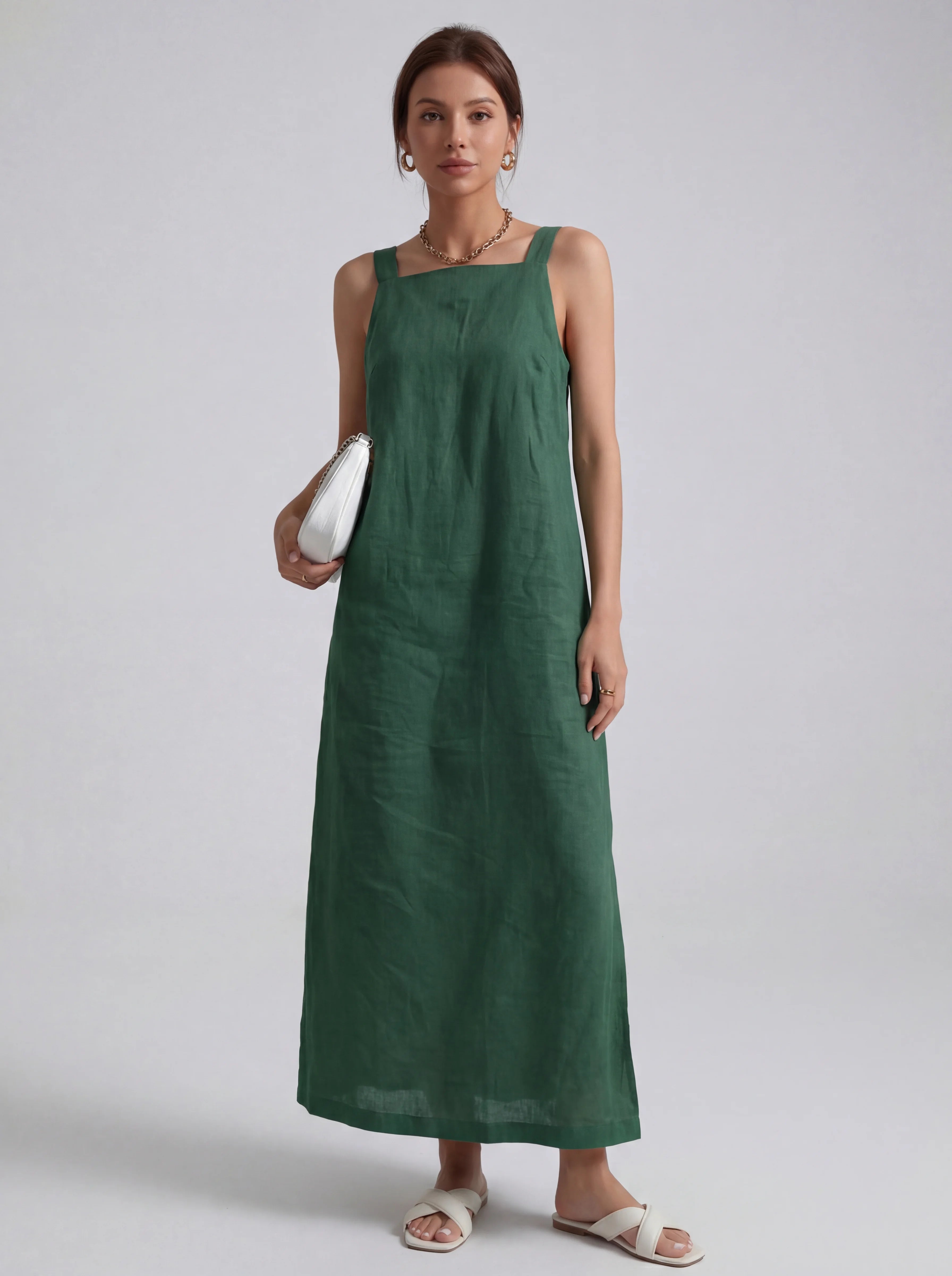 Effortless Linen Square Neck Midi Dress With Side Slit