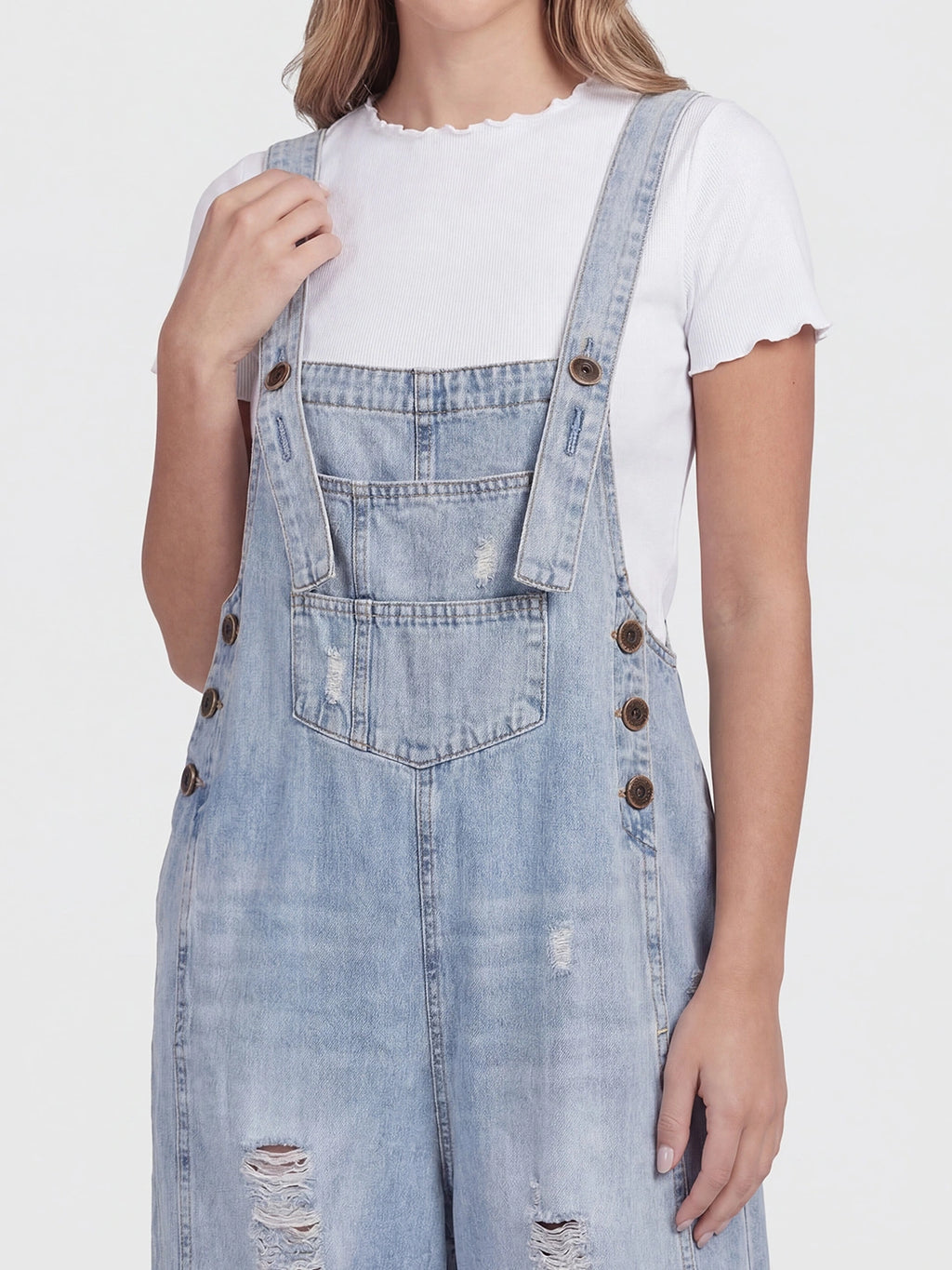 Distressed Loose Fit Denim Bib Overalls