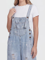 Distressed Loose Fit Denim Bib Overalls
