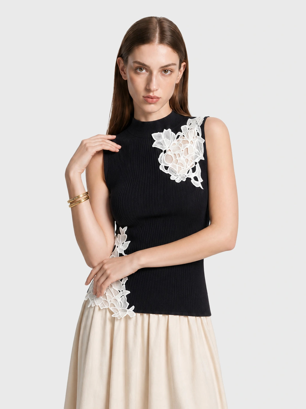 Lace Patchwork Sleeveless Knit Top