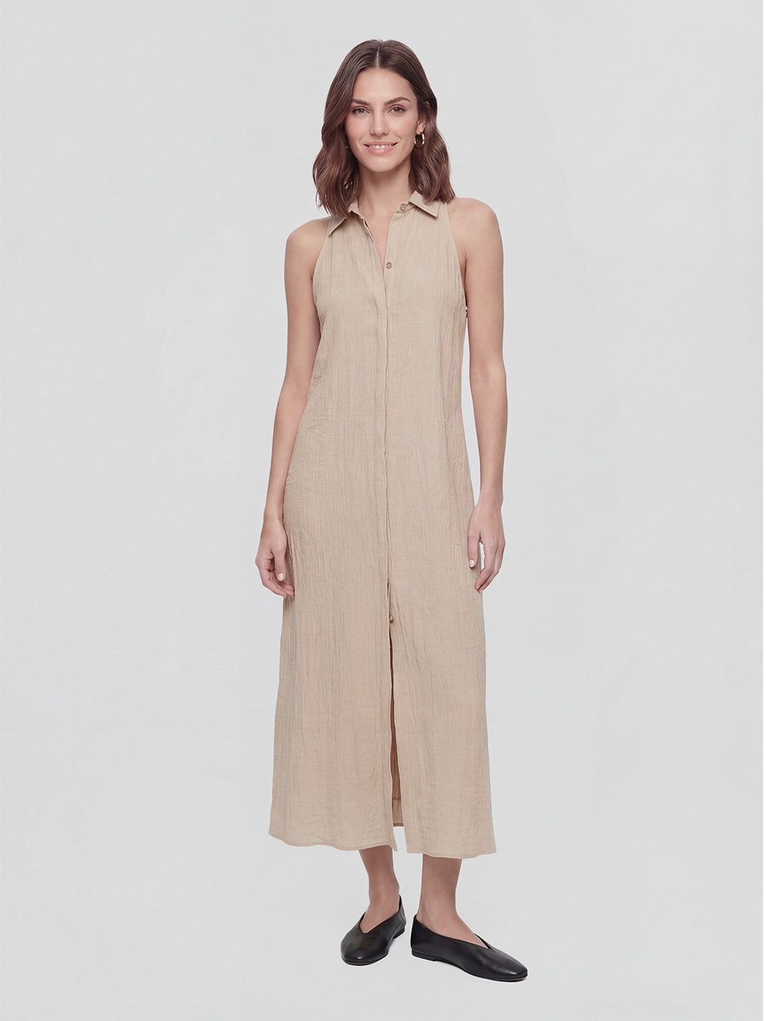 Polo Collar Sleeveless Linen Midi Dress