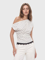 Polka Dot One Shoulder Lace Trim Top