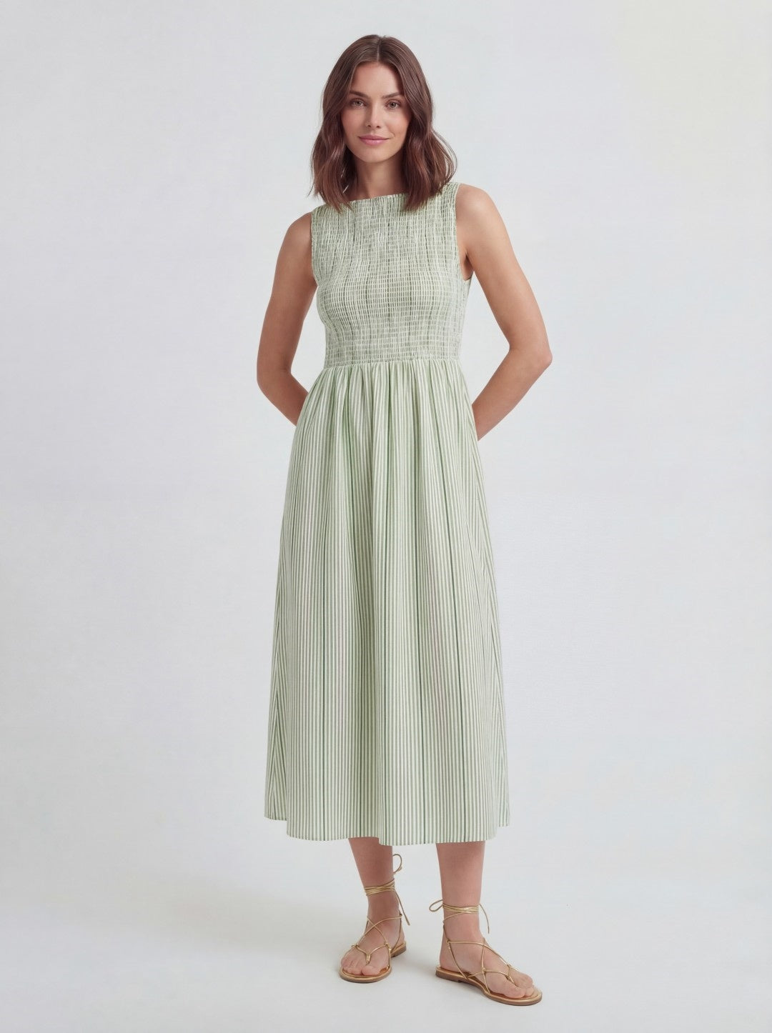 Smocked Bodice Jacquard Stripe Dress Main image