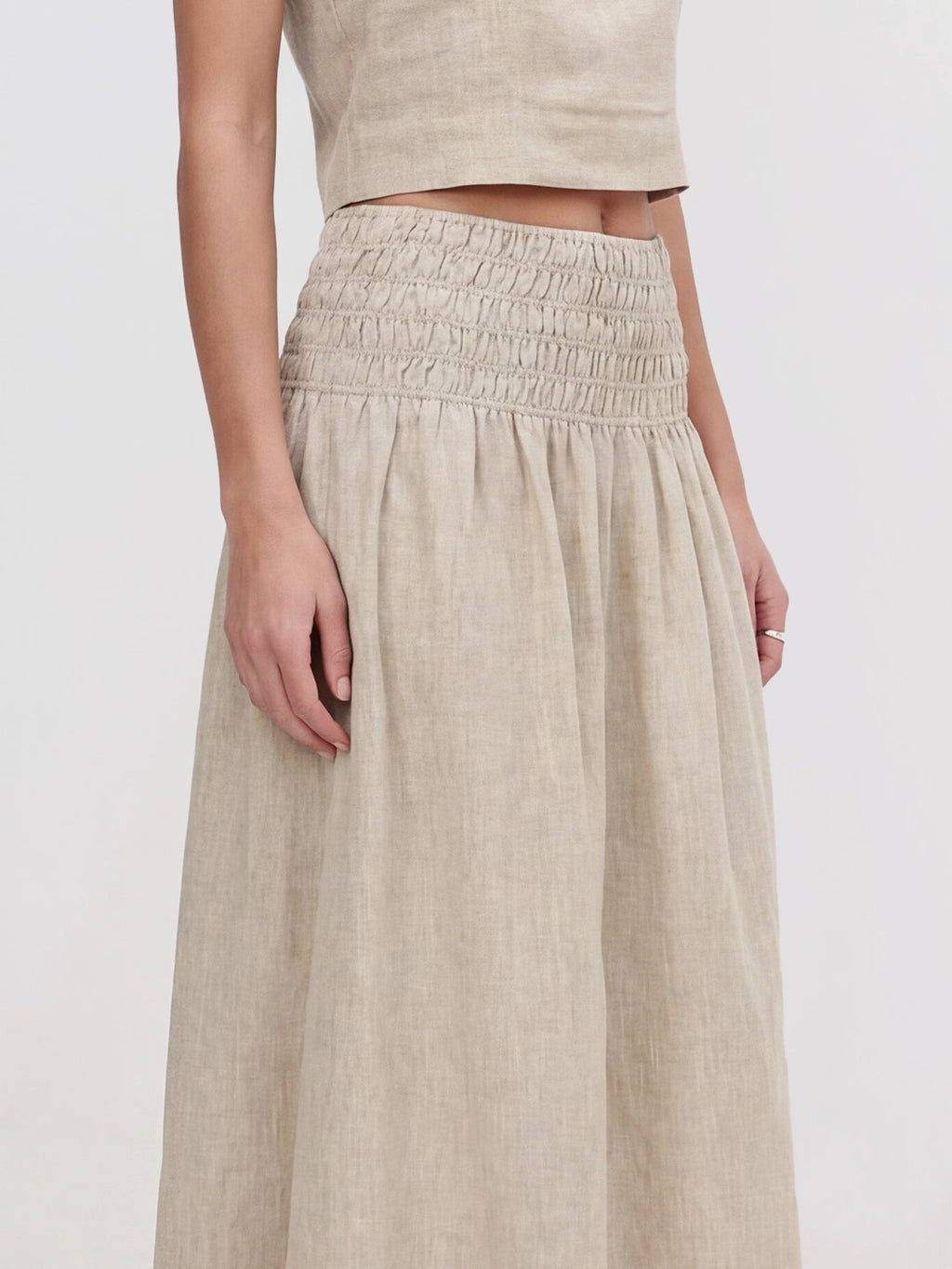 Smocked Waist Linen Midi Skirt