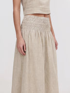 Smocked Waist Linen Midi Skirt