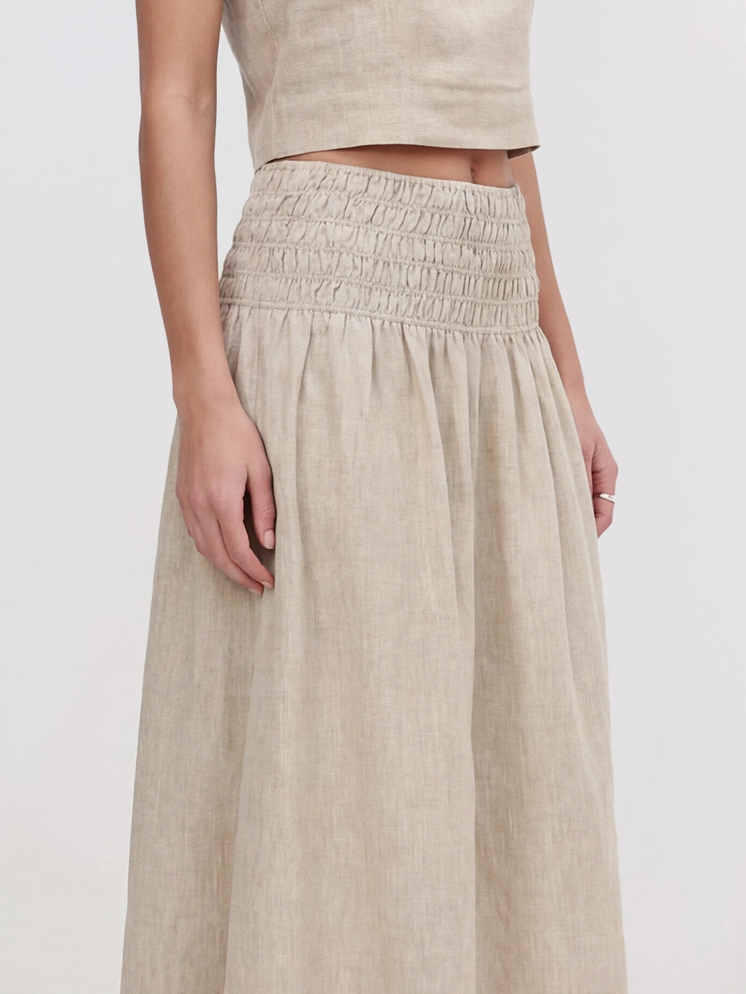 Smocked Waist Linen Midi Skirt