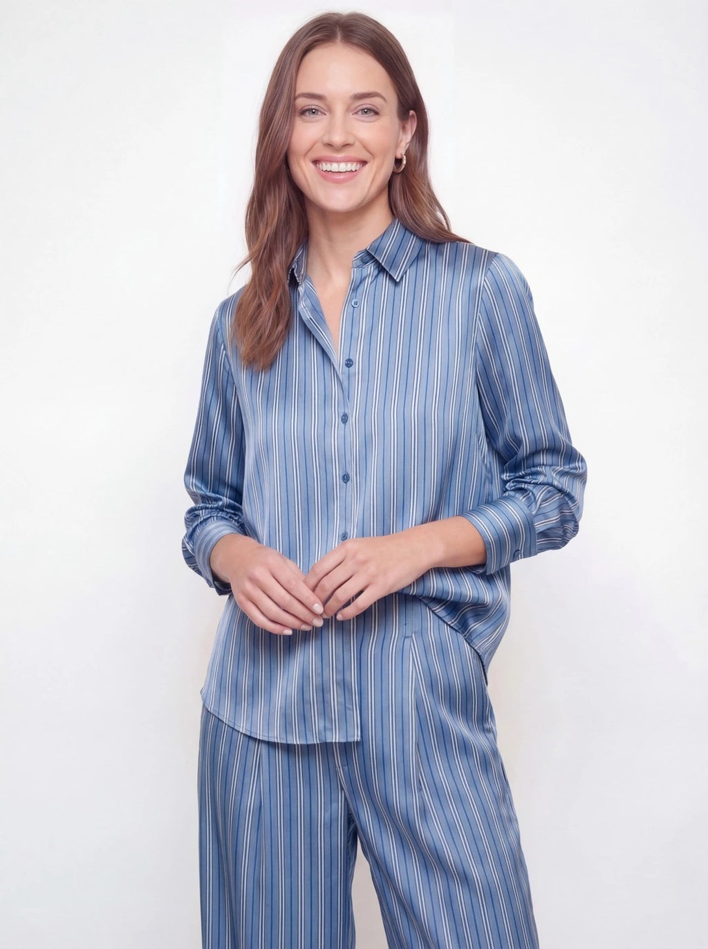Pleated Satin Striped Shirt Pant Set