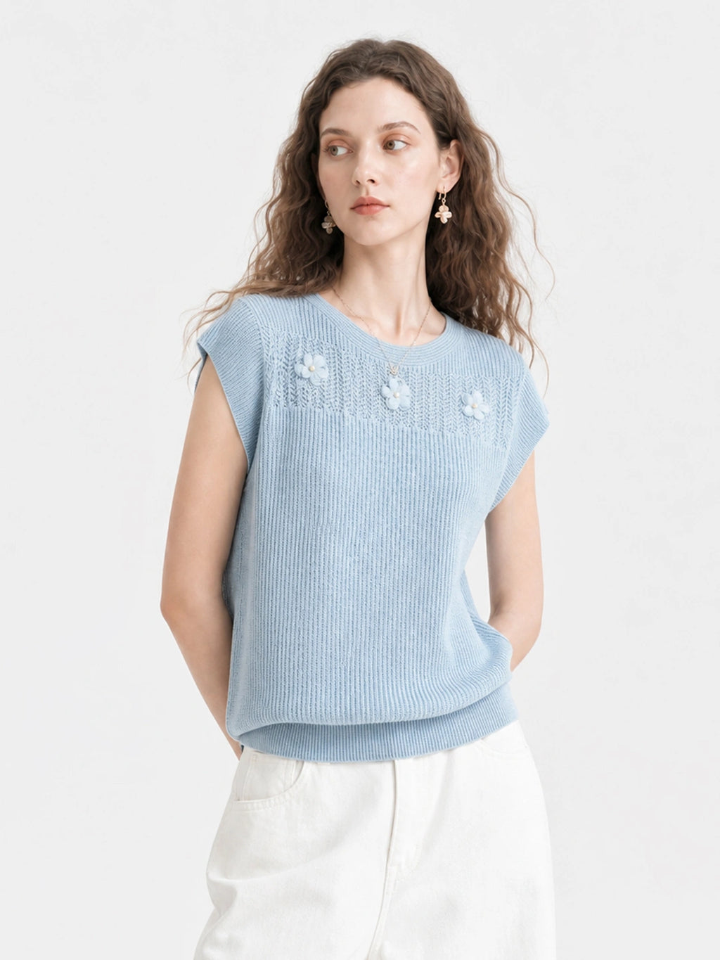 3D Floral Knit Linen Short Sleeve Top
