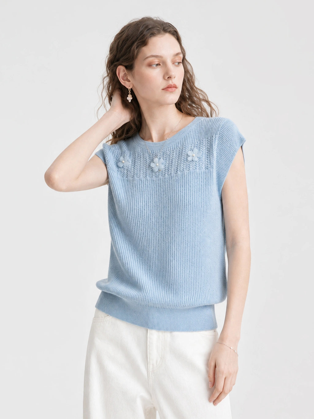 3D Floral Knit Linen Short Sleeve Top
