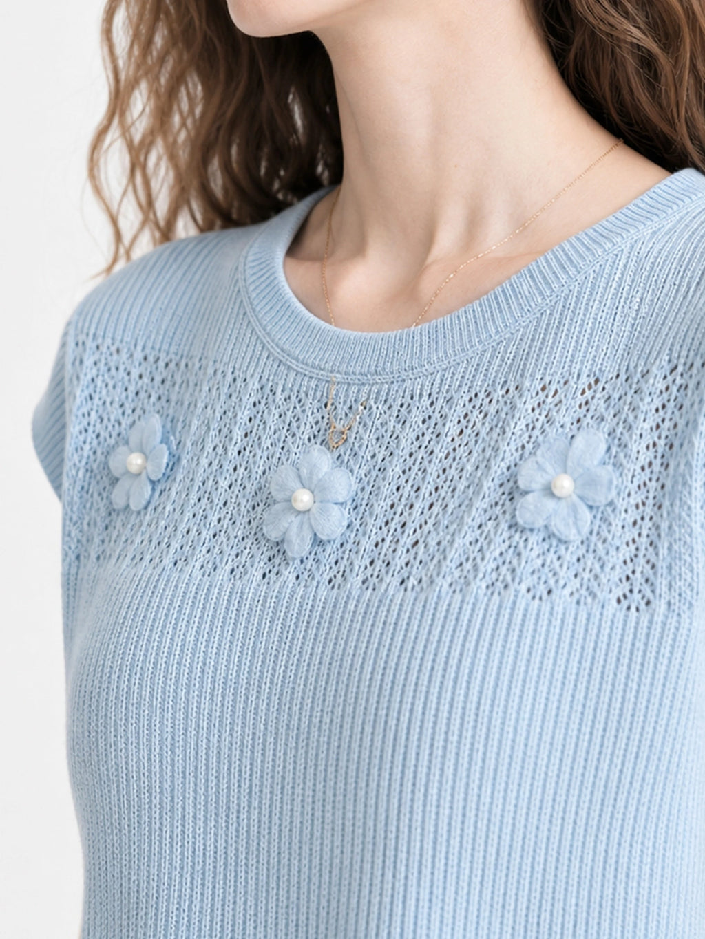 3D Floral Knit Linen Short Sleeve Top