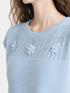 3D Floral Knit Linen Short Sleeve Top