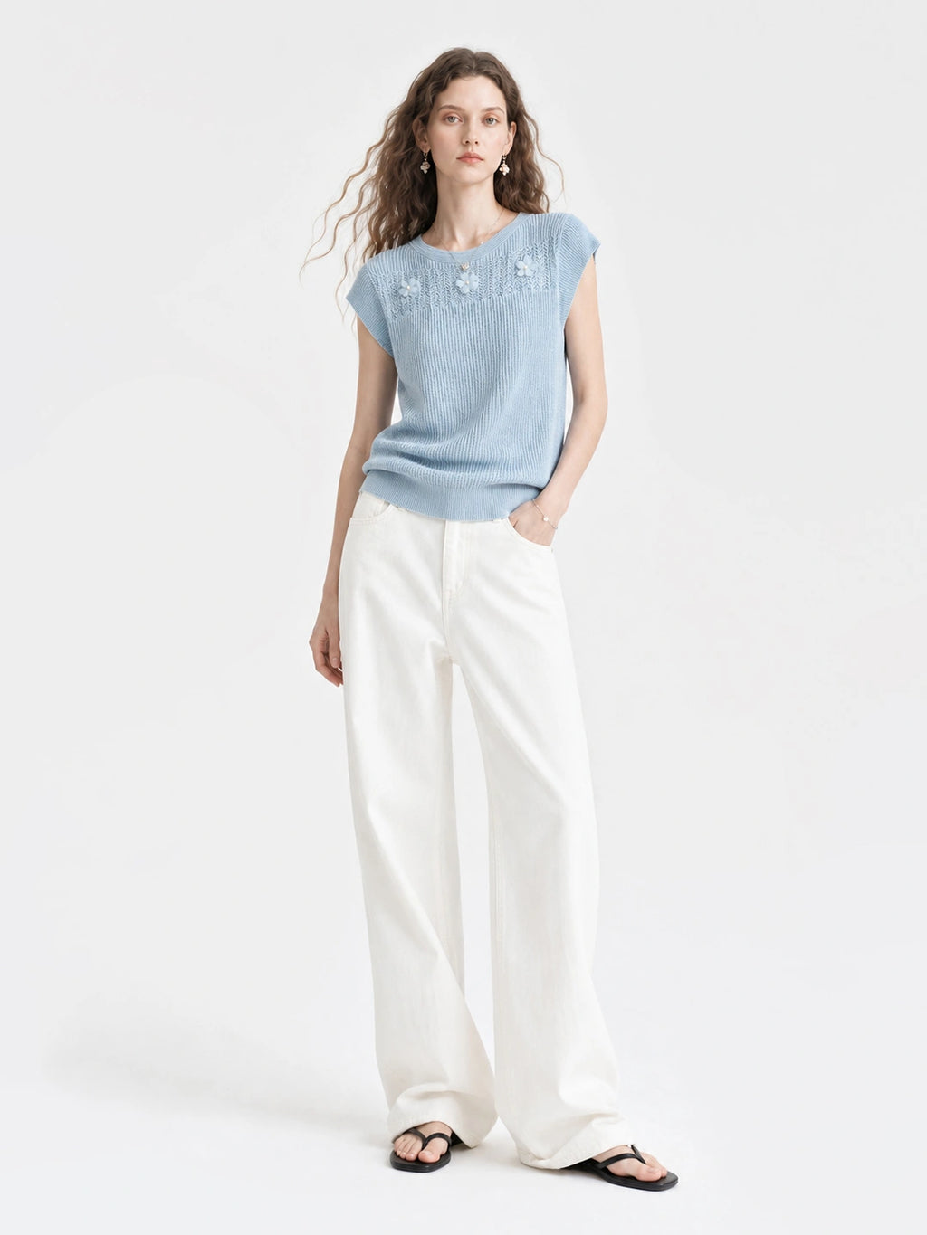 3D Floral Knit Linen Short Sleeve Top