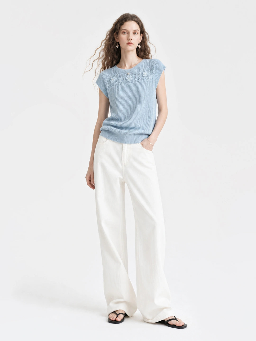 3D Floral Knit Linen Short Sleeve Top