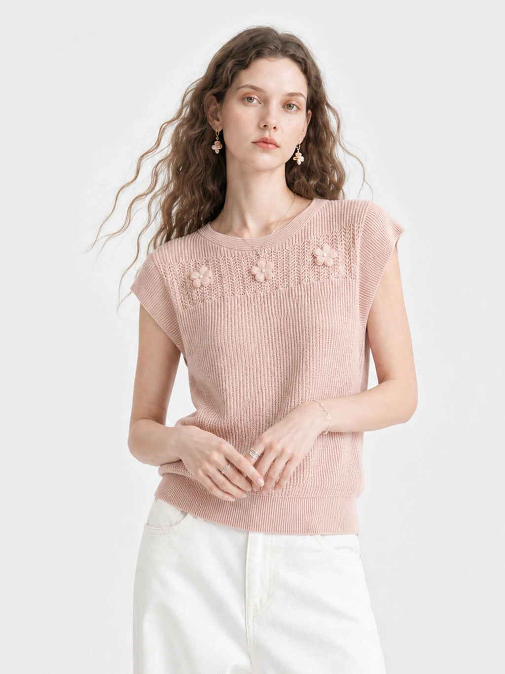 3D Floral Knit Linen Short Sleeve Top