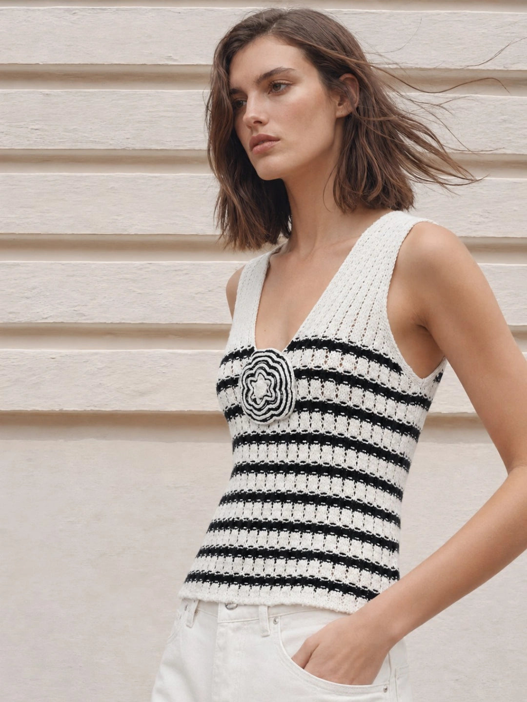 3D Flower Crochet Stripe Knit Top Main image