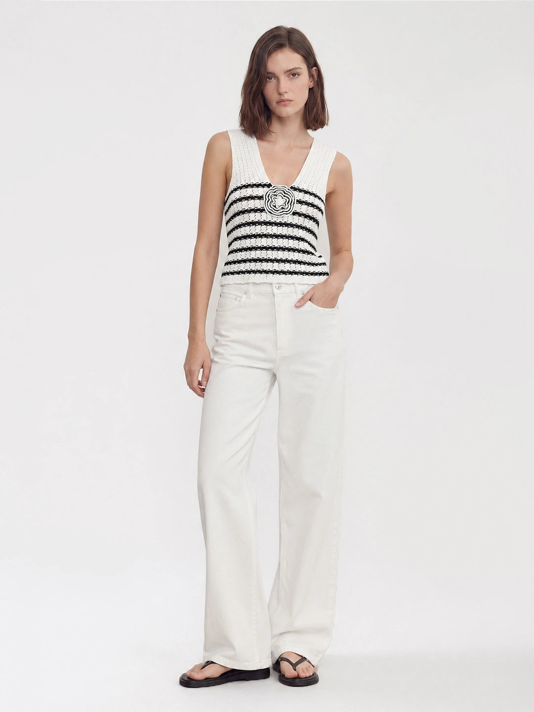 3D Flower Crochet Stripe Knit Top