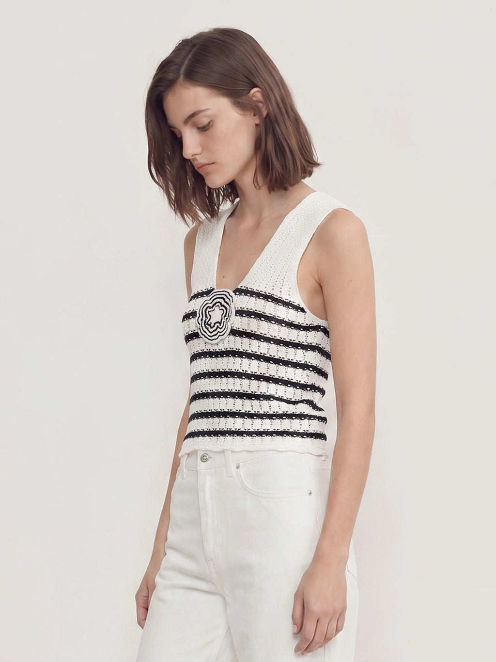 3D Flower Crochet Stripe Knit Top