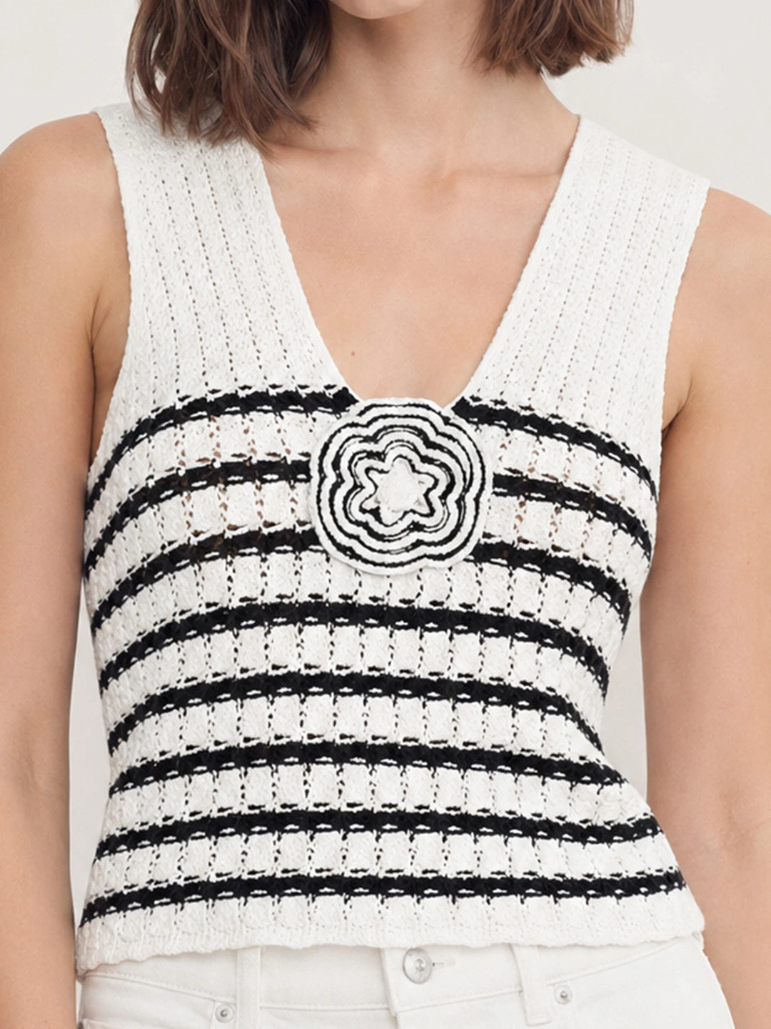 3D Flower Crochet Stripe Knit Top