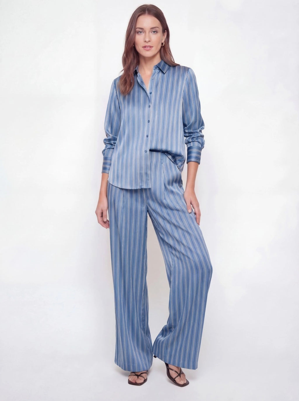 Pleated Satin Striped Shirt Pant Set